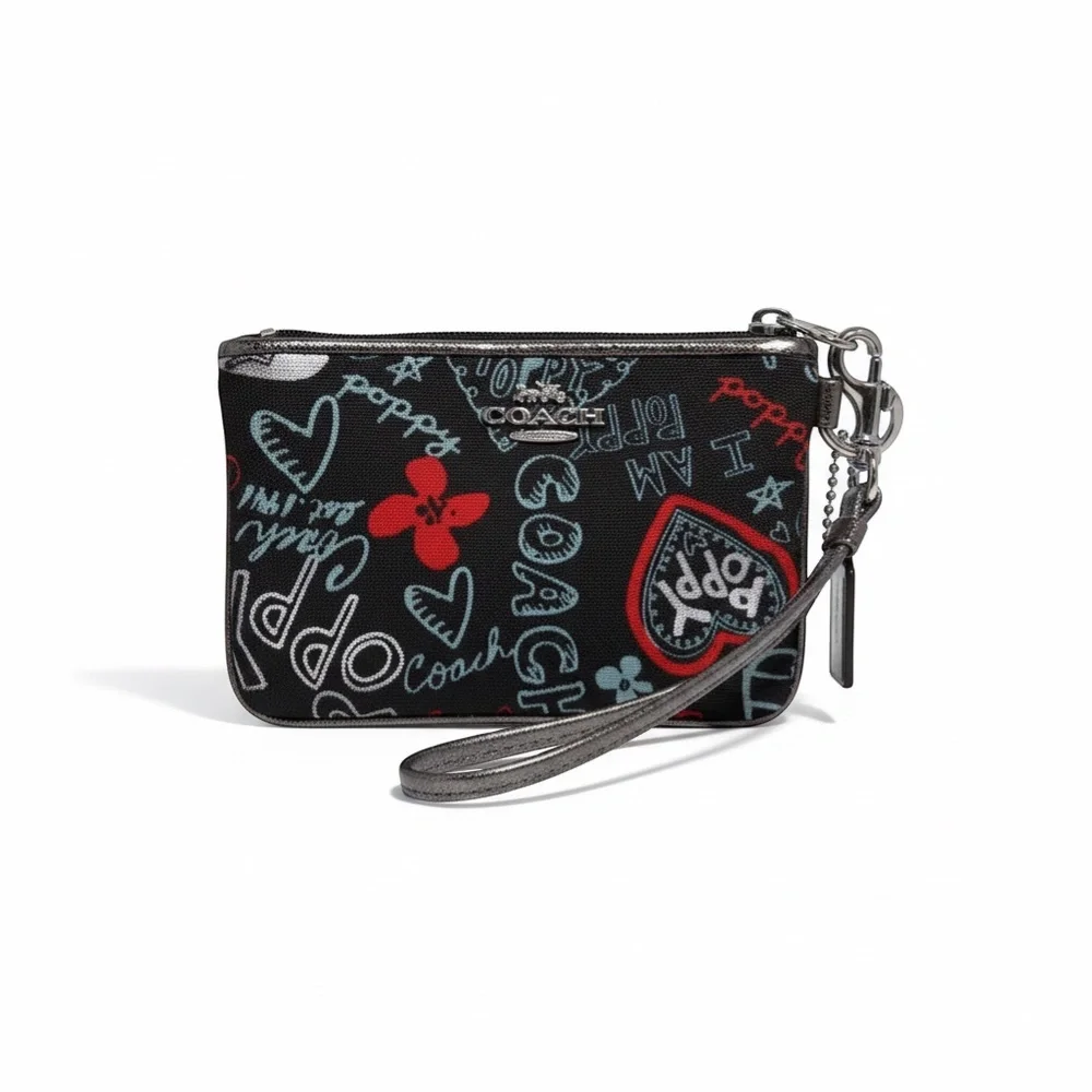 RARE Coach Poppy Wristlet Purse Black Graffiti Hearts Silver Zip Pouch Wallet - Picture 4 of 8
